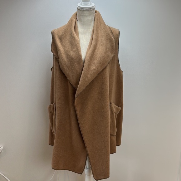 Le Moda Open Front Fleece Vest Cardigan Long Line Camel Soft Pockets Lagenlook - Picture 14 of 14